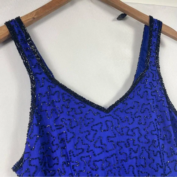 NWT Shalimar Silk Beaded Gown Med Blue Dress Evening Glam Artsy Elegant Maxi 90s